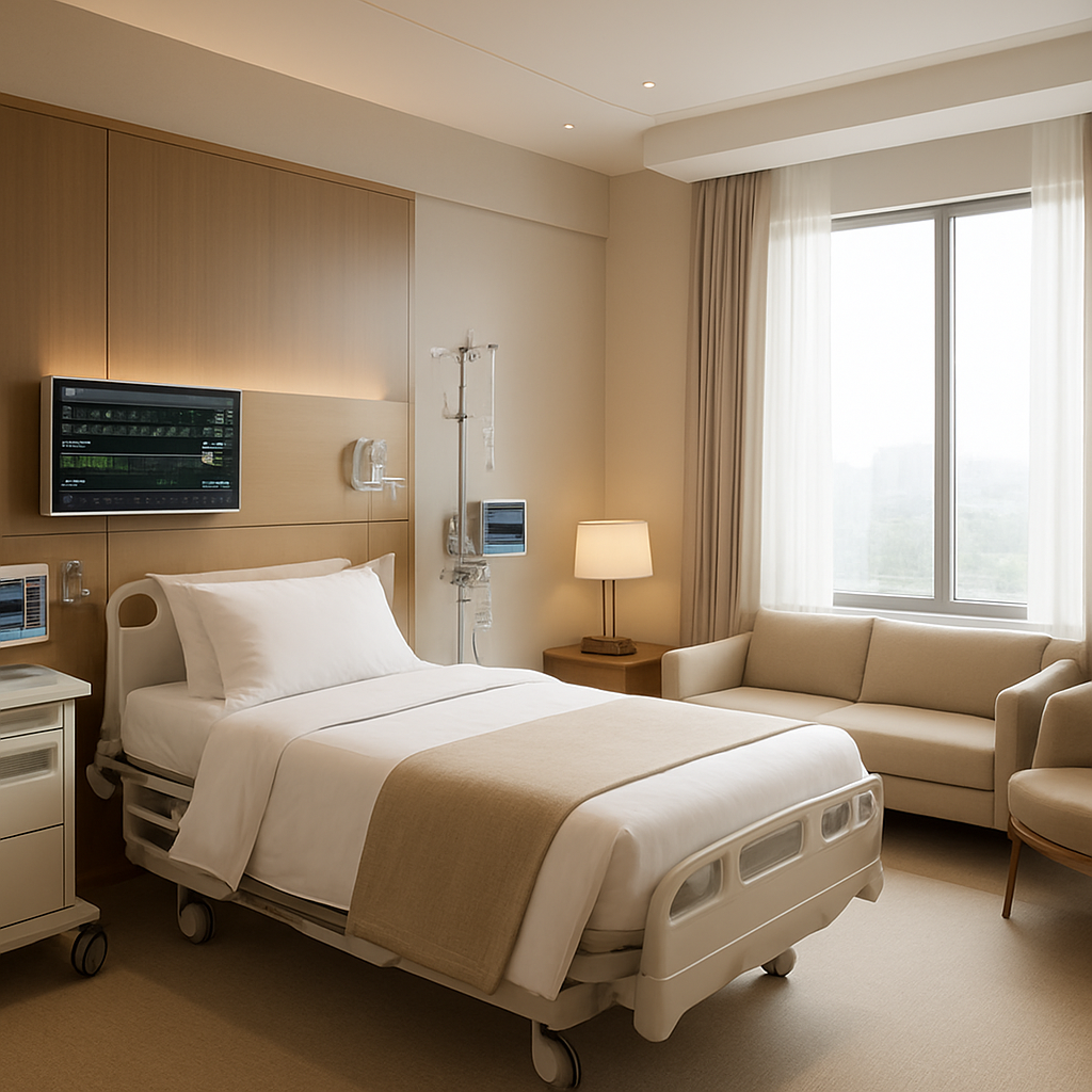Modern hospital room with luxury amenities